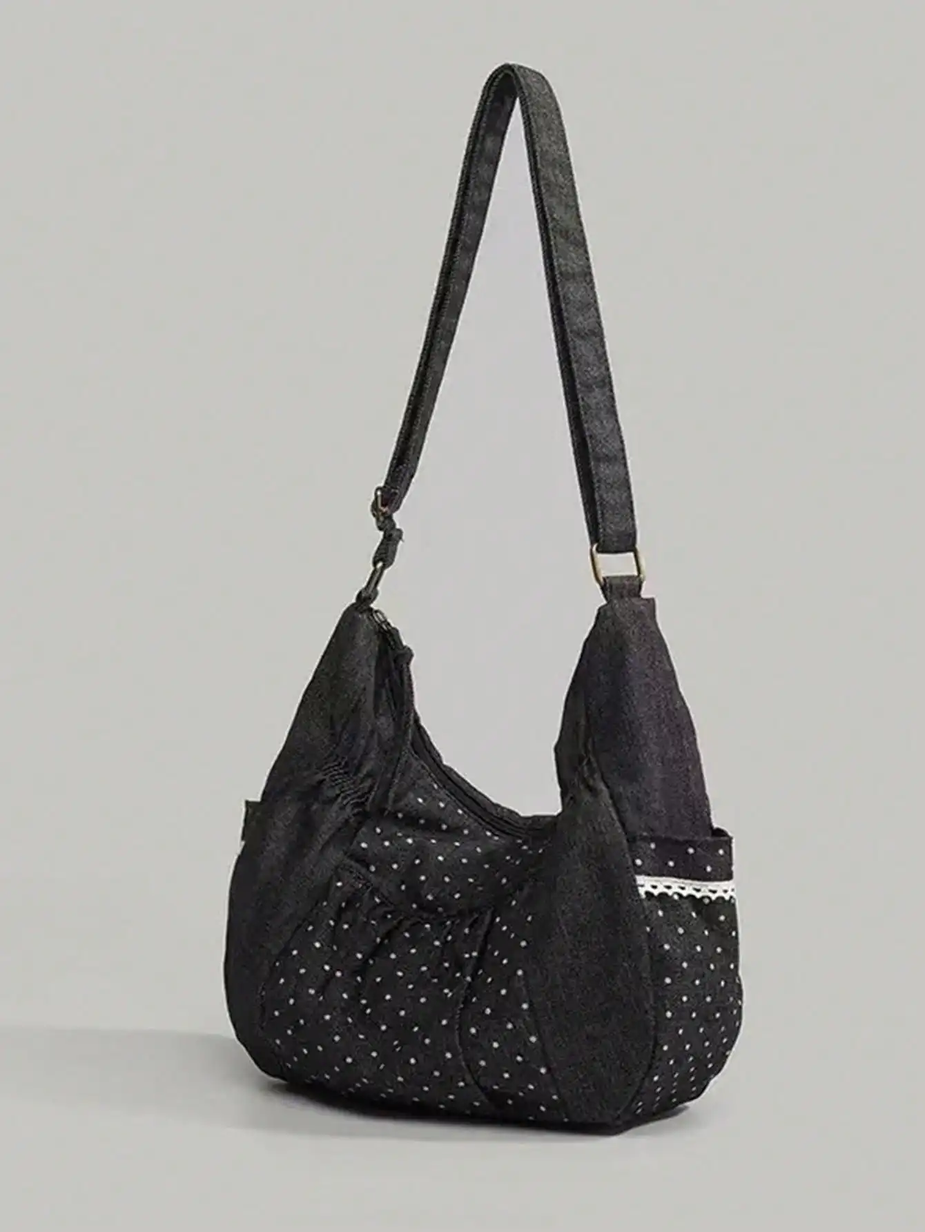 Sweet Lace Trim Polka Dot Tote Bag for School Use - Forest System Girl Single Shoulder Crossbody Bag Versatile Student Bag
