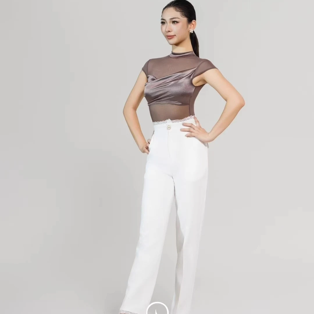 2025 vêtements de danse de salon femmes vêtements de pratique pour adultes été maille body blanc dentelle pantalon Rumba Salsa vêtements de danse DNV24179