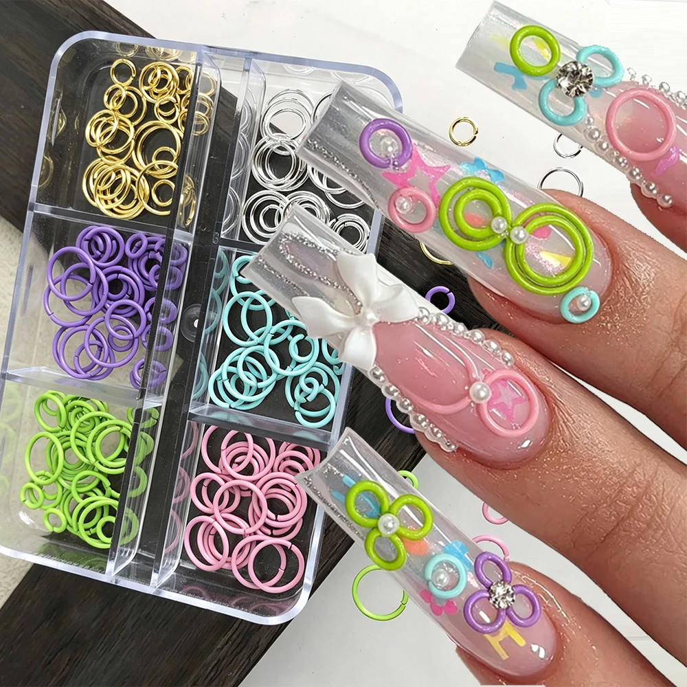 6 Grids/box Macaron Open-ended Ring Rivets Nail Decorations Mixed Punk Circle Hoop 3D Nail Charms Dopamine Metal Circle Manicure