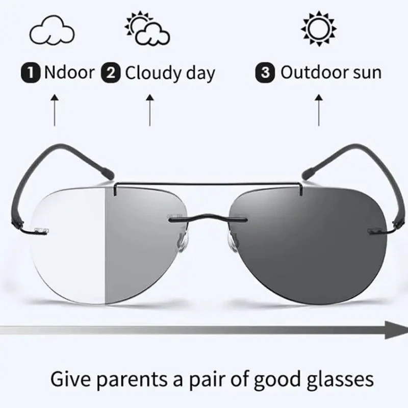 Titanium Alloy Double Bridge Pilot Rimless Photochromic Progressive Reading Sunglasses +0.75 To +4 See Near and Far