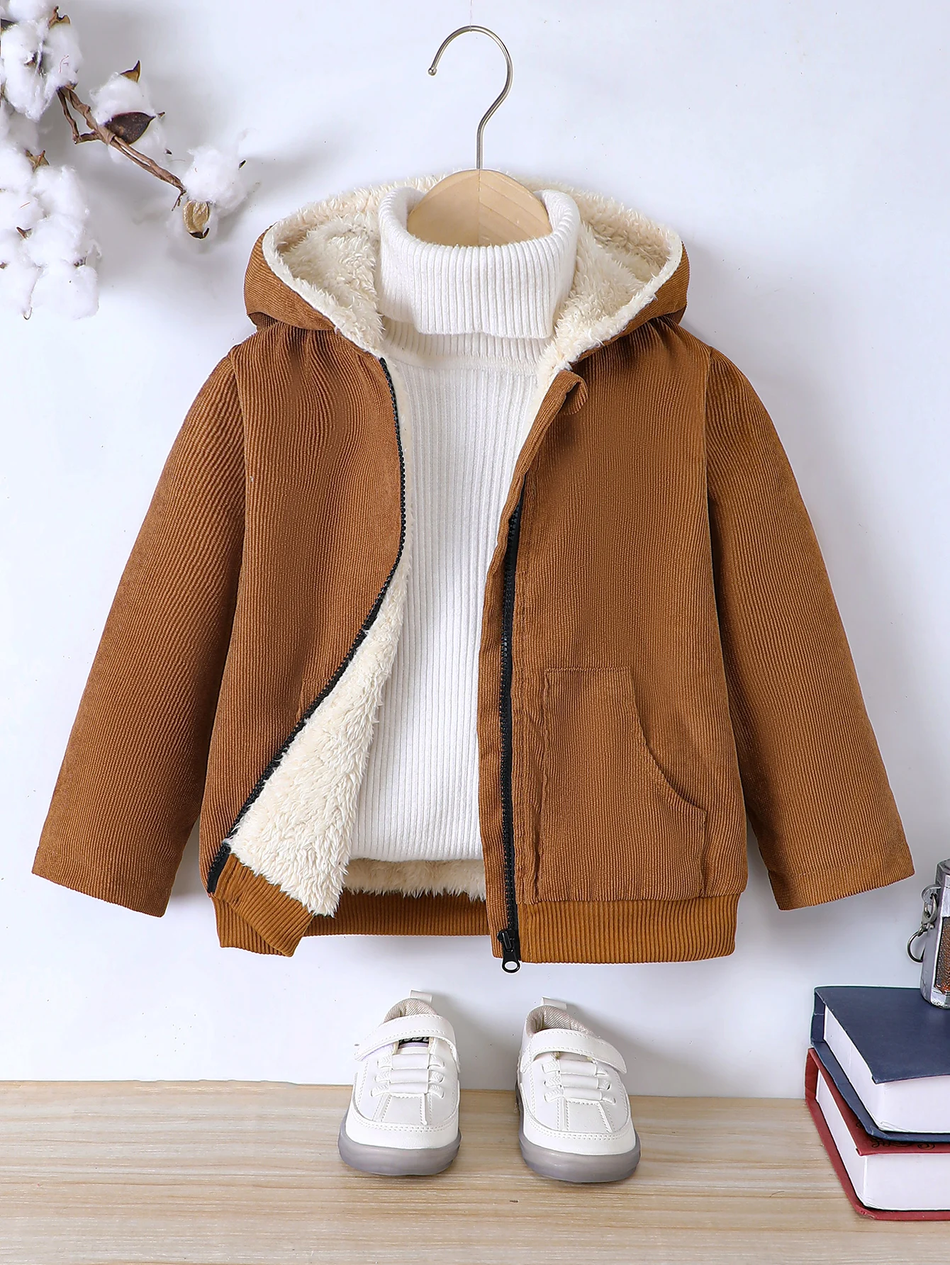 New Unisex Corduroy Thick Plush Casual Hooded Jacket For Boys And Girls In Autumn And Winter