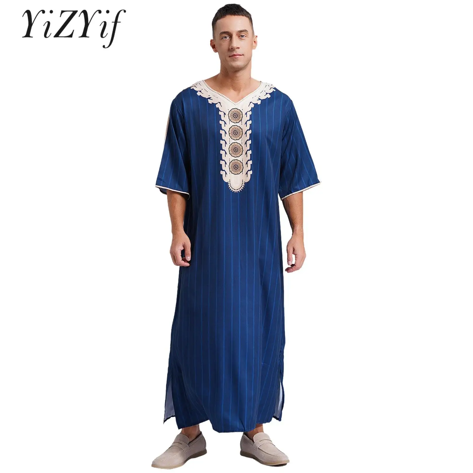 Men‘s Robe Arab Ethnic Shirt Costume Muslim Thobe Kaftan Robe Islamic Middle East Saudi Arabic Loose Long Gown Fancy Dress