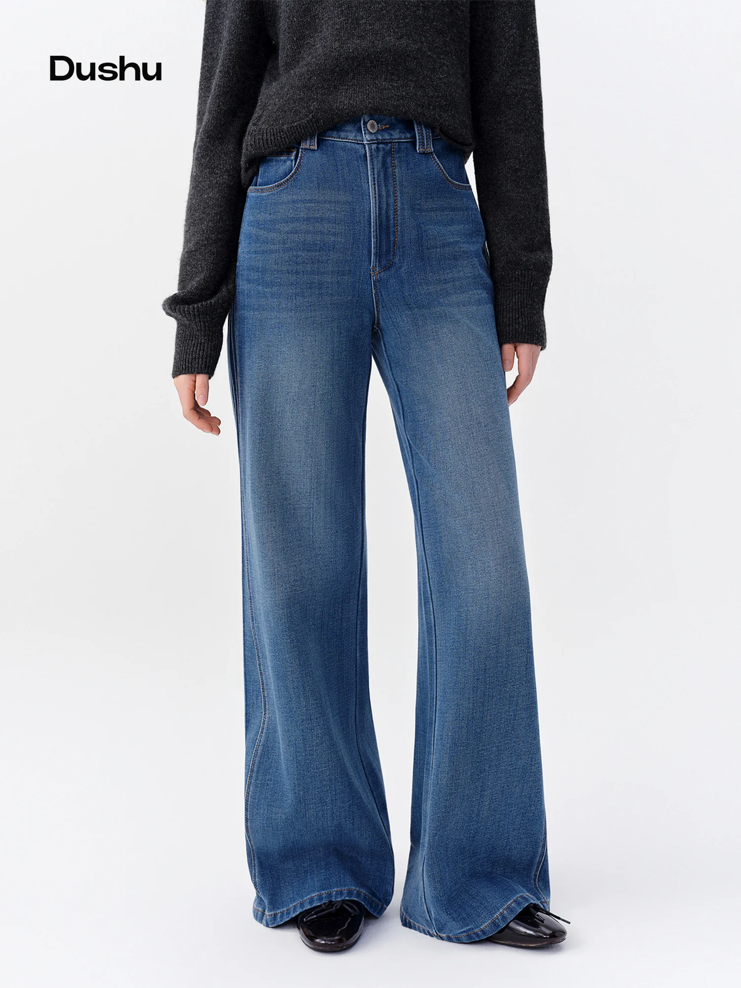 DUSHU Women Embroidery High Waist Stretch Brushed Flared Jeans Vintage Washed Bootcut Denim Pants Casual Streetwear Versatile