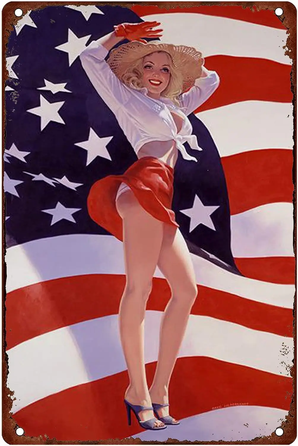 Army Military Pin Up Girl Tin Sign Veterans Vintage Metal Signs Sexy Lady Wall Art Girls Poster Girl And American Flag Home sign