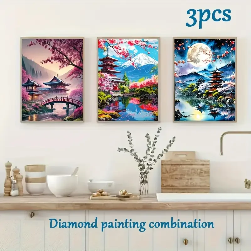 3Pcs Diy Diamond Painting Attic,Bridge,Beautiful Stream Landscape Embroidery Mosaic 5D Full Square Round Diamond Cross Stitch