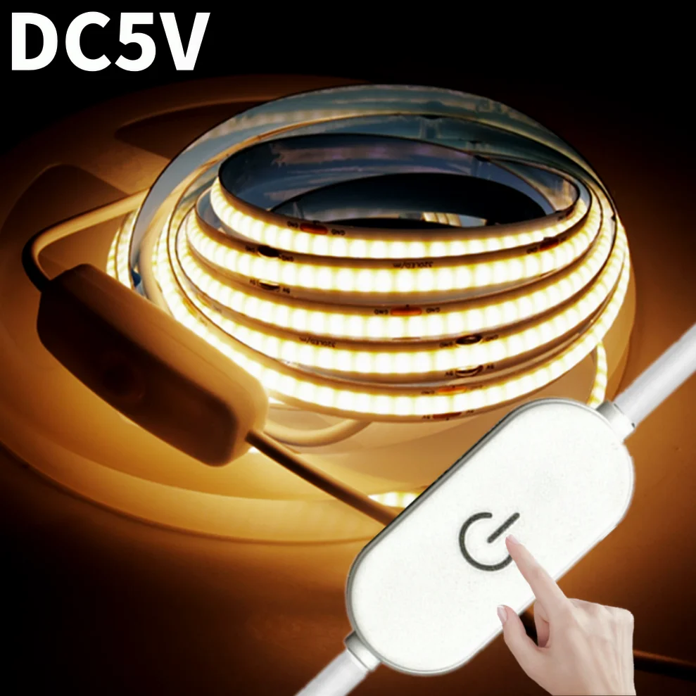 밝기 조절 가능 COB 램프 테이프 터치 센서, DIY TV 미러 백라이트, 주방 룸 야간 조명, 5V, 5M USB LED 스트립 라이트, COB 320LED/M