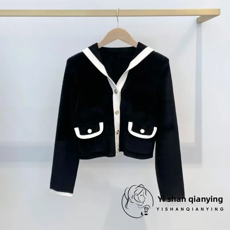 

Модный темно-синий вязаный открытый кардиган с воротником, женский топ, цветная блузка, роскошный светлый Ele, ранняя осень, Новое поступление, французский слэ