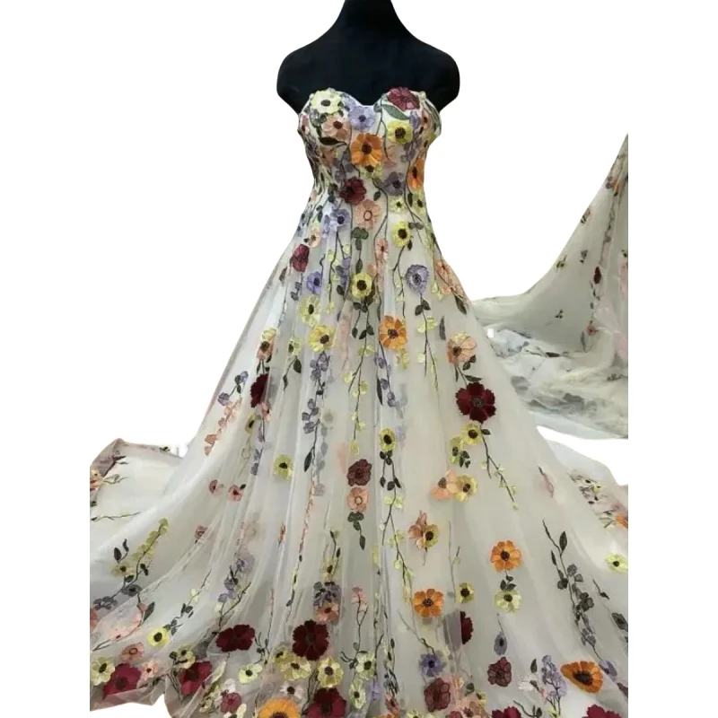 Кружевное свадебное платье с 3D цветочным принтом на шнуровке трапециевидной формы в стиле милитари в стиле бохо свадебные платья с длинным шлейфом Vestido De Novia по индивидуальному заказу