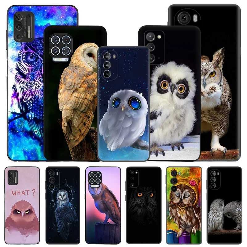 Soft Phone Cases For Motorola G53 G73 G9 G50 G51 G60 G71 G22 G32 G52 G72 Edge40 20 30 Night Cute Owl Animal Black Matte Cover