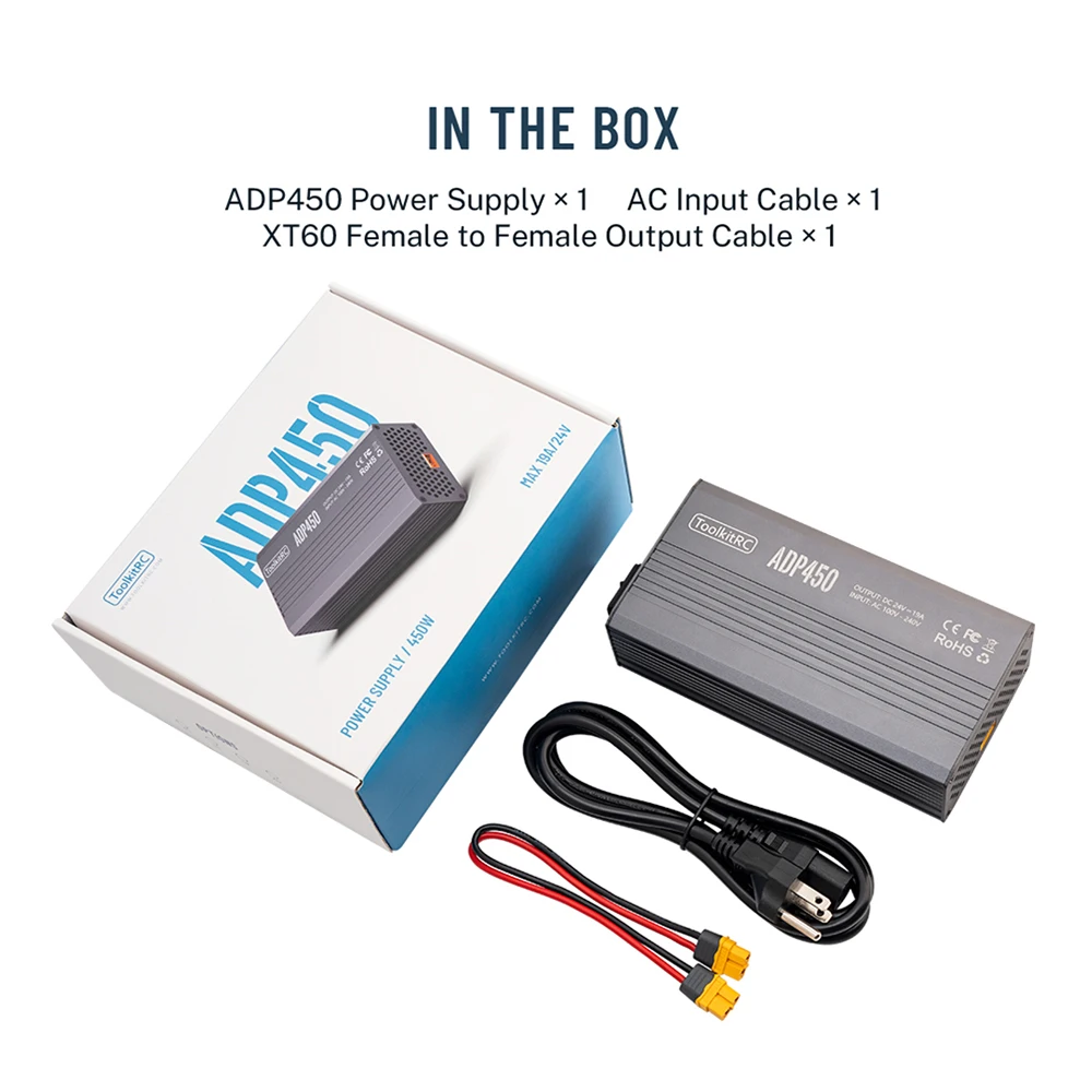 ToolkitRC ADP450 Adaptador de fuente de alimentación 450W XT60 salida 24V19A Entrada de CA 100V-240V para ToolkitRC M8D M6D M8P M9 Cargador de batería