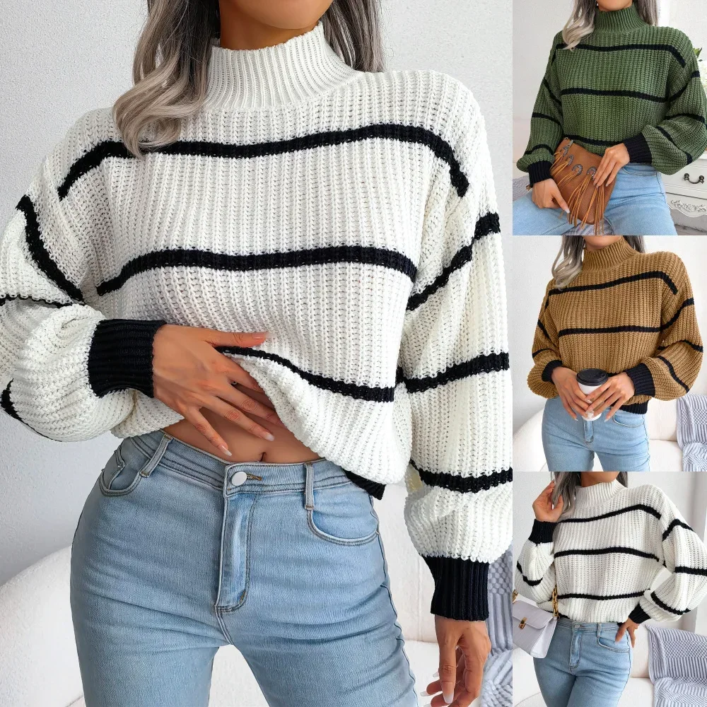 

Autumn/Winter Casual Striped Lantern Sleeve Semi-turtleneck Knitted Sweater, Women's Clothing