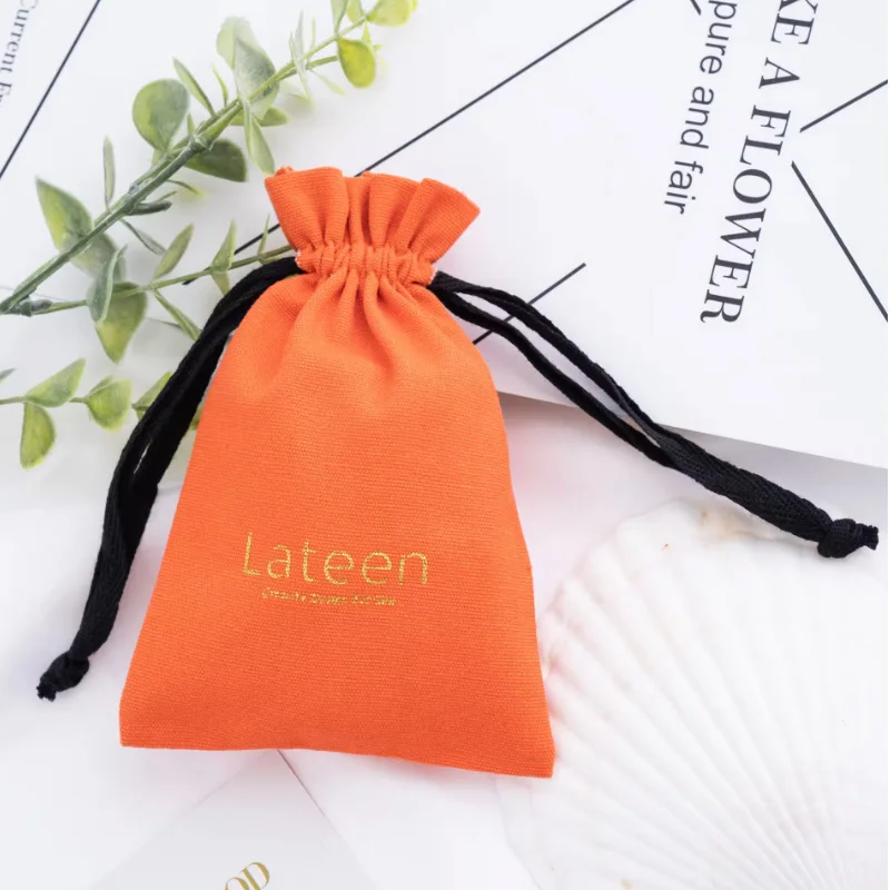 Custom Logo High Quality Small Canvas gift bag  Jewelry Cotton drawstring Pouch Black Orange Muslin Dust Sack