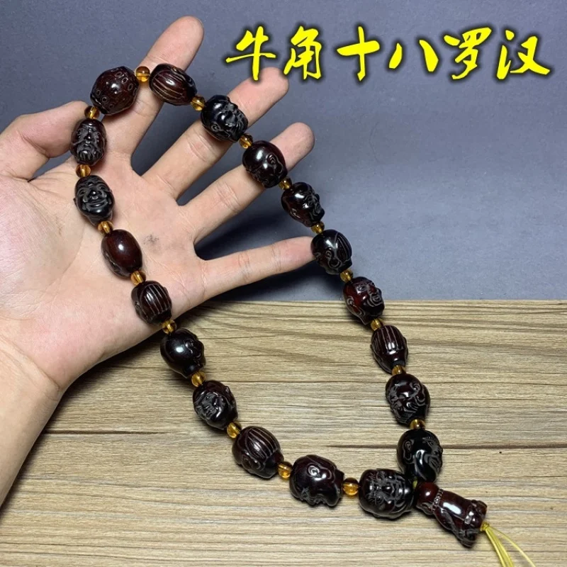 Antique Tibetan Yak Horn , Double-Sided Eighteen Arhats Bracelet