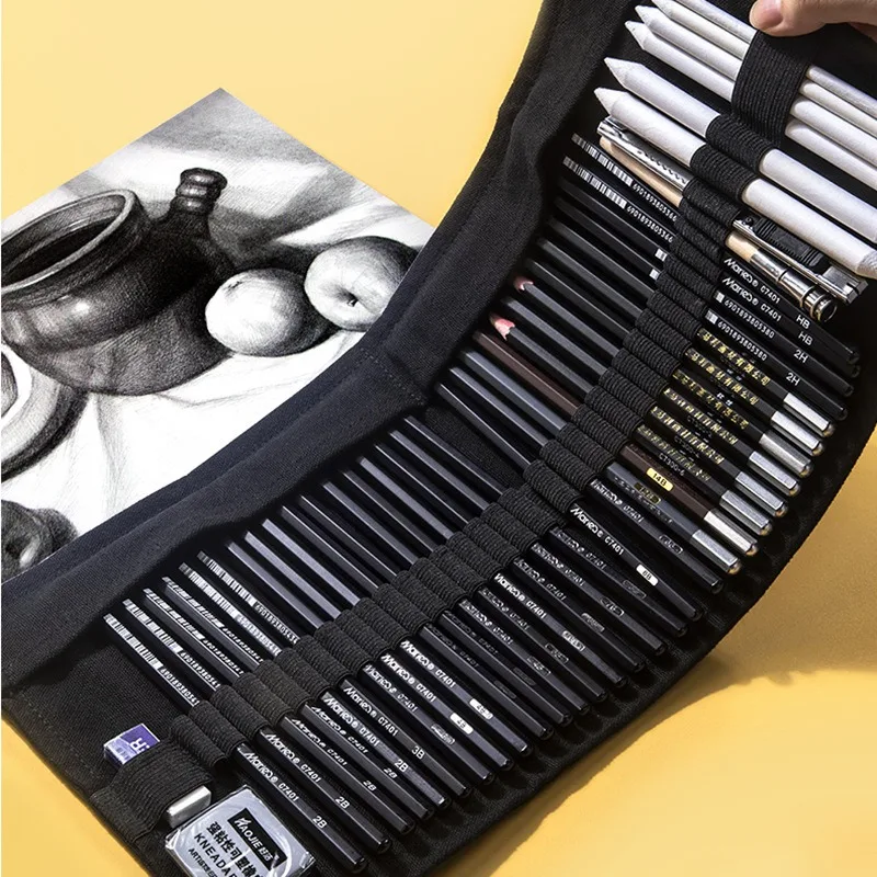 28/38/44Pcs/Set Sketch Pencils with Canvas Roll Up Pencil Bag Art Drawing Graphite Charcoals Eraser Sketching Painting Supplies