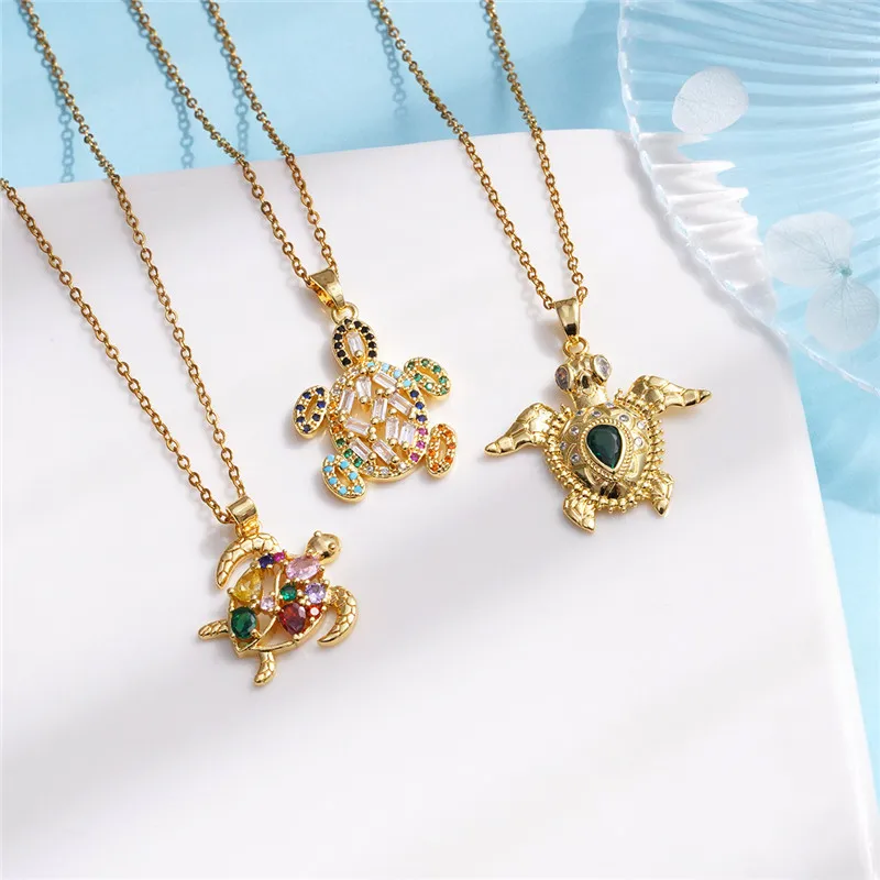 Light Luxury Turtle Zircon Necklace Stainless Steel Chain Fashion Sea Animal Pendant Choker Jewelry Party Gifts For Women Girls