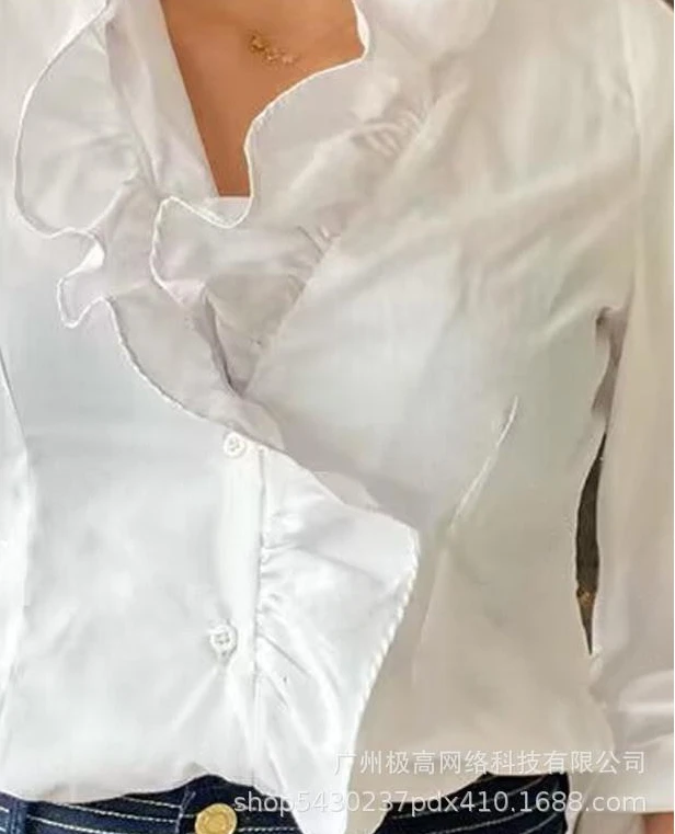 여름 봄 여성 의류 새로운 솔리드 컬러 프릴 에지 화이트 캐주얼 셔츠 블라우스 탑 긴 소매