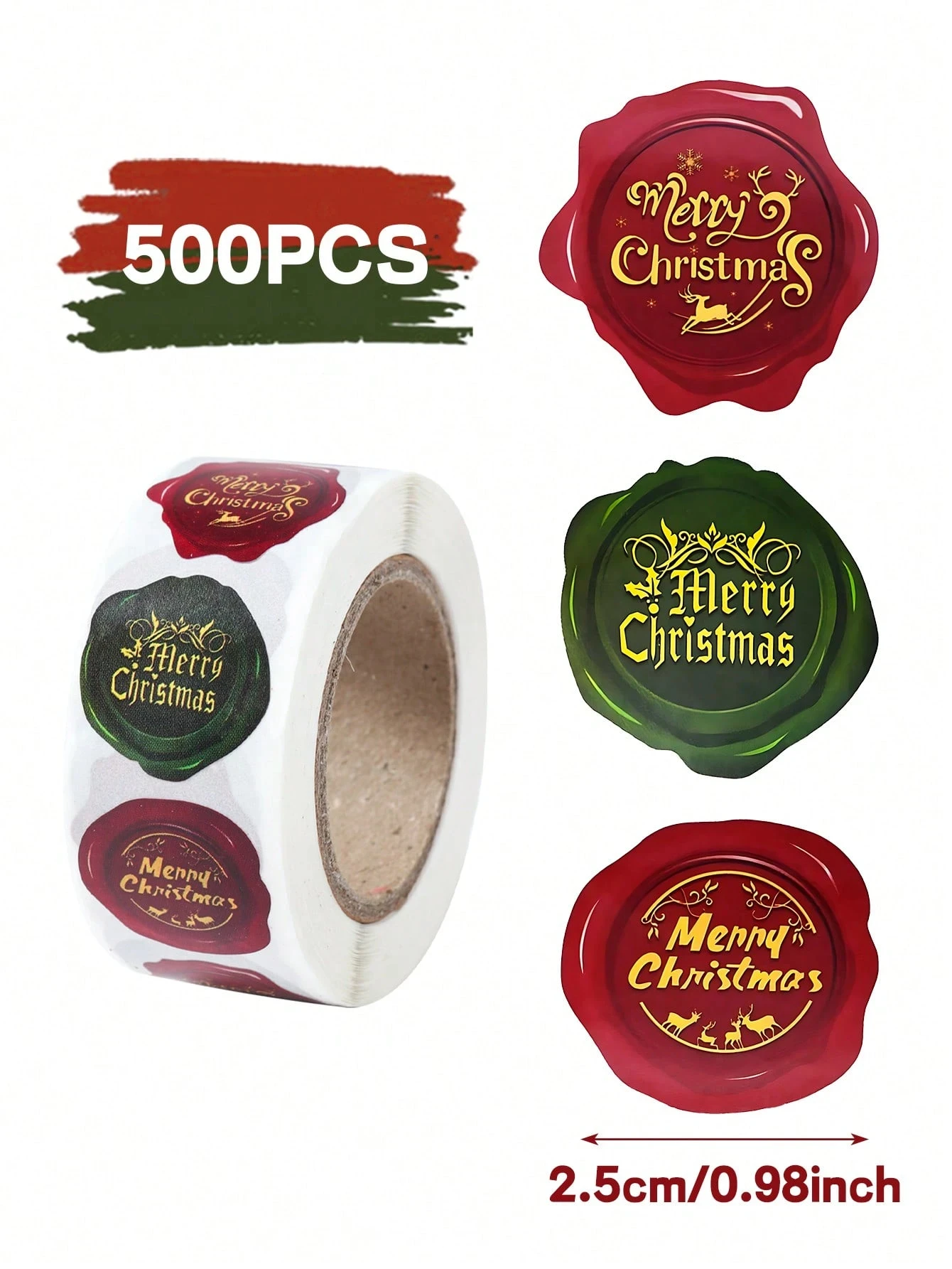 1/2Roll Merry Christmas Sticker Roll,Christmas Decoration Tag Sticker With Embossed Wax Seal Design,Envelope Sticker Label