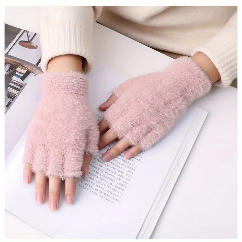 AliExpress NONE Half-finger winter fuzzy gloves, simple windproof and thickened casual warm gloves,writing gloves,fingerless soft cycling gloves