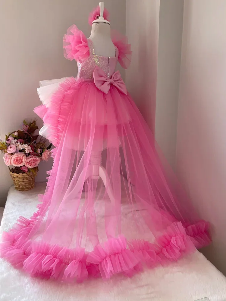 Robe de princesse à fleurs pour filles, tulle gonflé, rose, blanc, paillettes, nœud à plusieurs niveaux avec queue, mariage, fête d'anniversaire, robe de Rh