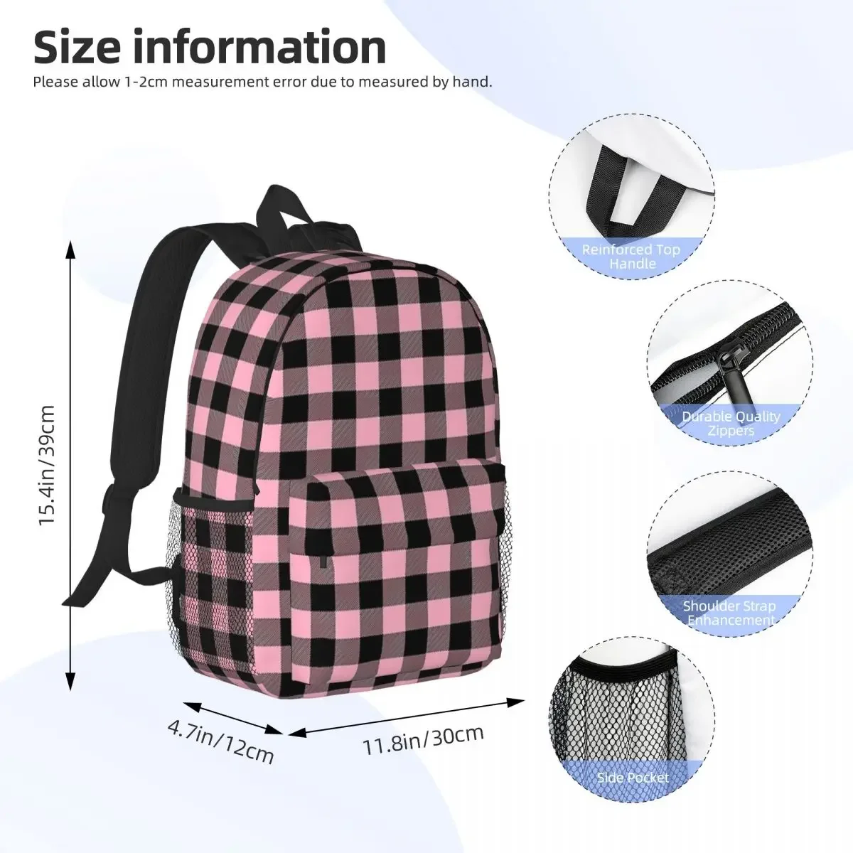 Light Pink Lumberjack Plaid Print Backpacks Teenager Bookbag Children School Bags Travel Rucksack Shoulder Bag Large Capacity