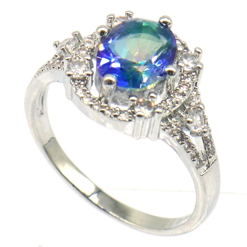 Buy 4 Get 1 Free 20x13mm SheCrown Fire Rainbow Mystic Topaz Green Amethyst Aquamarine CZ Females Gift Silver Rings