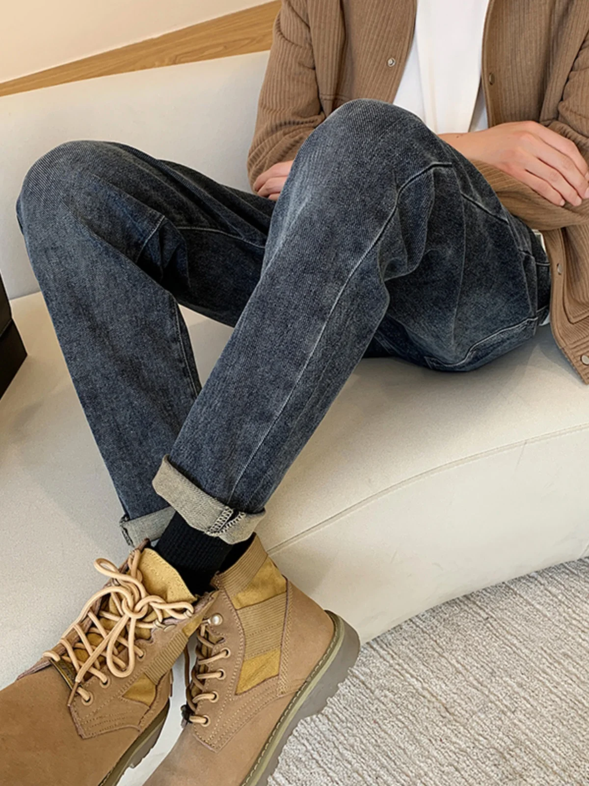 

Мужские джинсы Slim Fit из синего денима с желтыми вставками, брюки-трубы Cleanfit с низкой посадкой, на молнии, повседневные джинсы