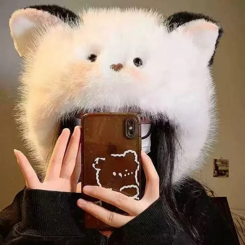 Powder blusher kitten ear plush Lei Feng hat  autumn and winter versatile ear protection knitting wool hat