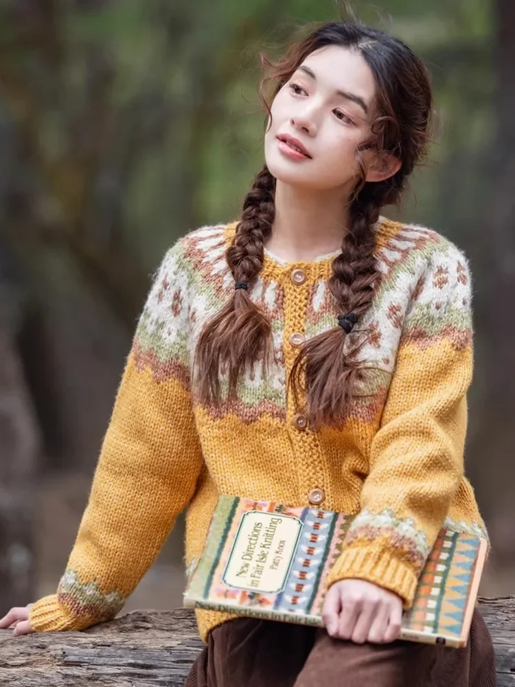 102-106 سنتيمتر تمثال نصفي خريف شتاء بالأزرار النساء معرض جزيرة الشمال اليدوية خمر النقي اليدوية سميكة الدافئة الصوف القطن البلوزات معاطف #2