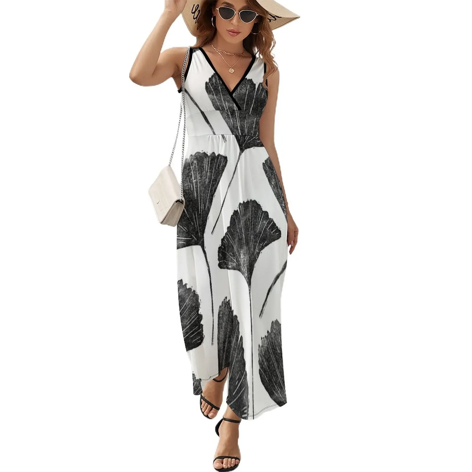 

Ginkgo biloba, Lino cut nature inspired leaf pattern Sleeveless Dress dress for women 2024 Female clothing