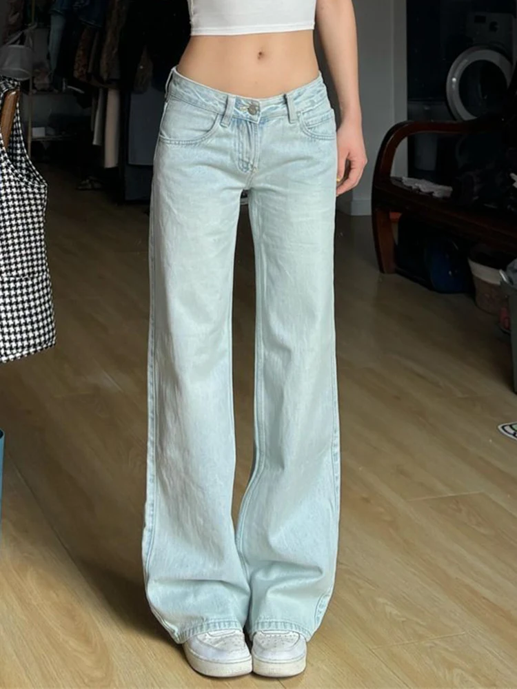 

Y2K Light Colored Low Rise Jeans Women American Retro Summer Fresh Loose Straight Leg Floor Pants