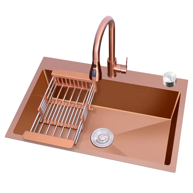 

Kitchen 304 stainless steel sink nano handmade large single slot under the counter middle basin rose gold vegetable basin small