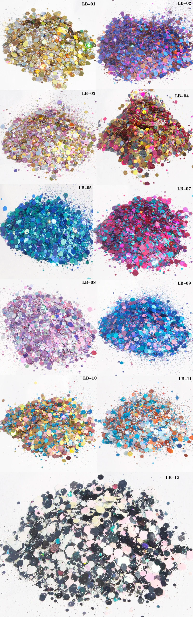 50 g/saco holográfica arte do prego glitter misturado hexágono lantejoulas decorações flocos colorido chunky sinfonia cor laser lantejoulas