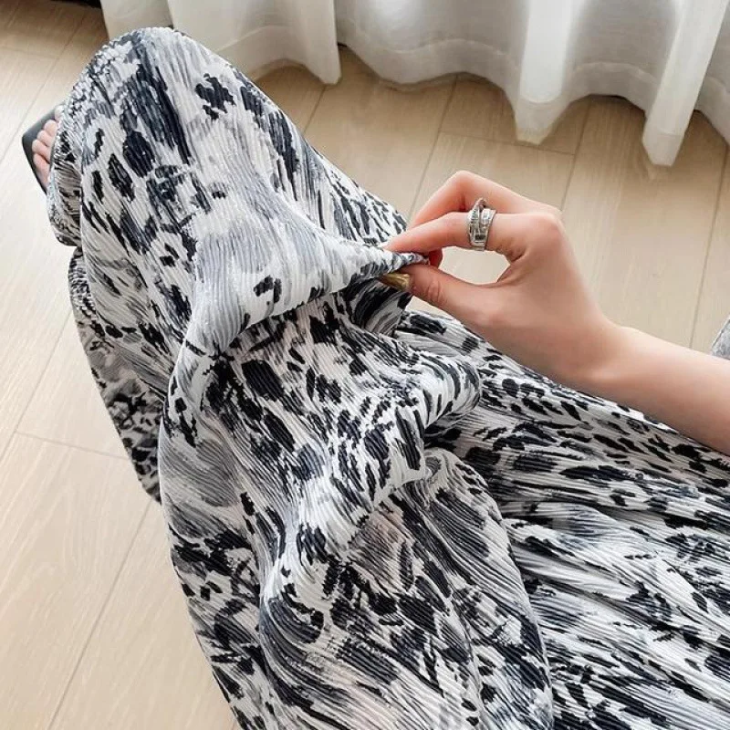 Japanese Style Korean Summer Pants Women's Elastic Ruched Tie Dye Printing Straight Loose Casual High-waisted Wide Leg Trousers