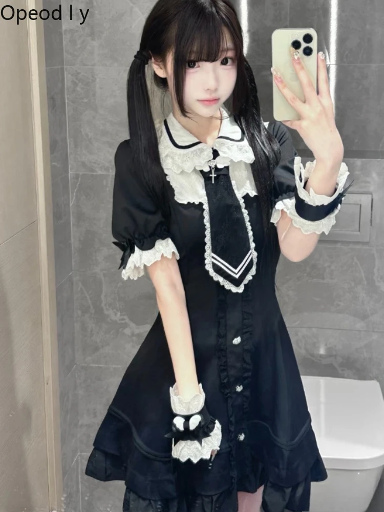 

Japanese Mass-produced Lace Splicing Short-sleeved Dress Spring Summer New Dark Girl Long Short-sleeved Slim Lolita Dress Women