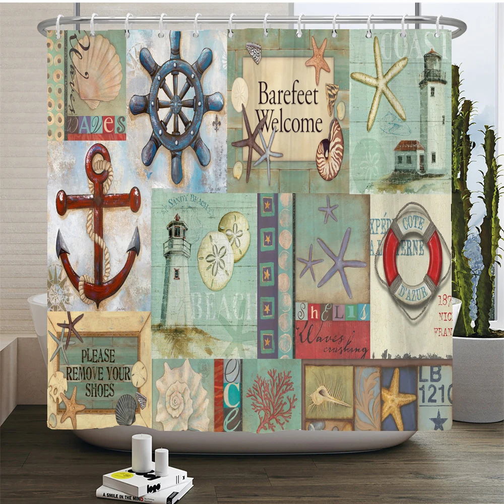 Nautical Sailboat Shower Curtain Compass Anchor Lighthouse Vintage Pirate Bath Curtain Polyester Fabric Bathroom Decor with Hook