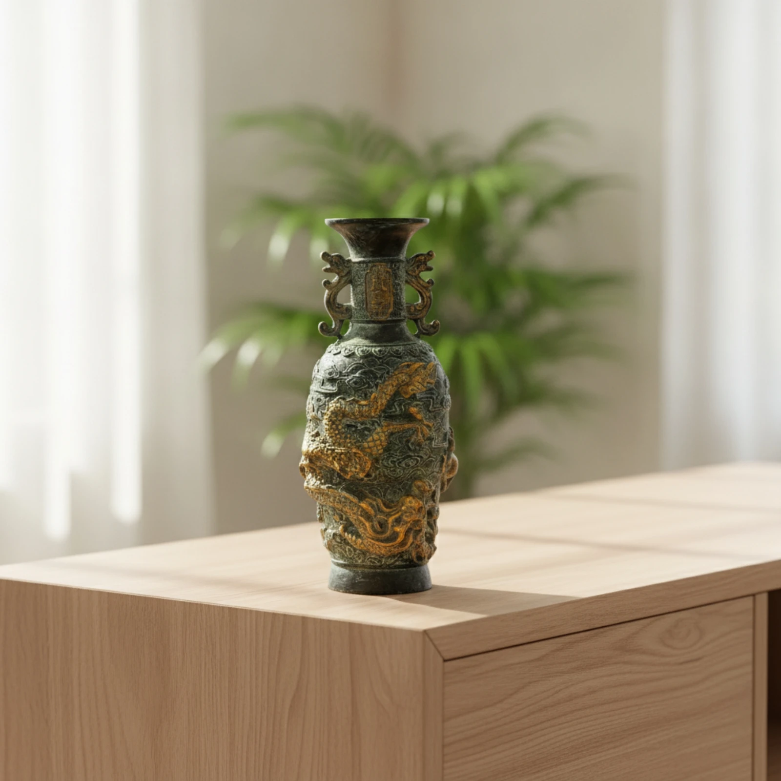 Vase with Handles Bronze-Green Relief Vase Vintage Decorative for Collectors, Living Room, Entryway Console