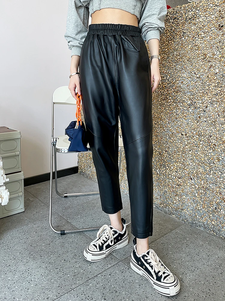 

2022 Autumn Winter Chic Women's High Quality Sheepskin Genuine Leather High-rise Elastic Waist Casual Pants C330