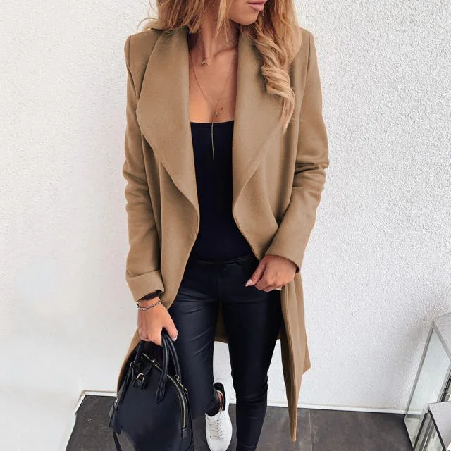 Spring Autumn Women's Casual Coat Temperament Fashion Pocket Strap Lapel Solid Color Woolen New Jacket for Female