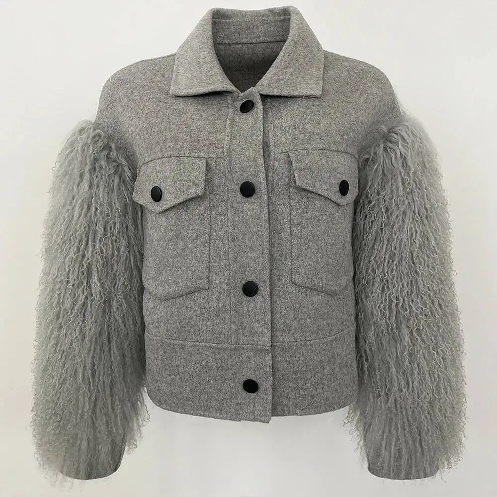 

Real Mongolian Female Reality Fur Jacket Autumn Cuffs Pocket Full Sleeves Outerwear Cropped Wool Blend Coat Women