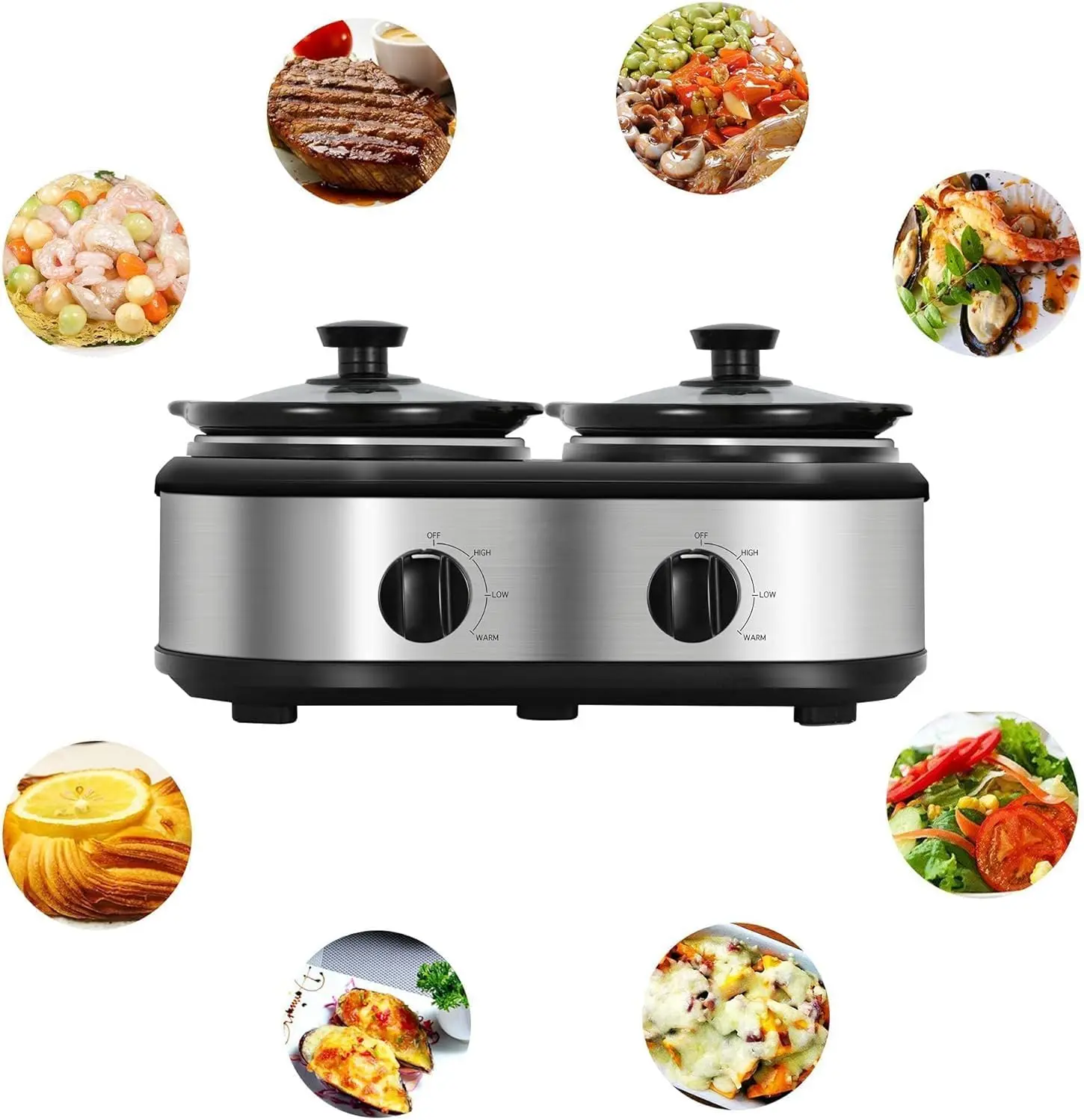 Dual Ceramic Slow Cooker Set 2 x 1.25qt Capacity Dishwasher Safe with 3 Cooking Modes Warm Function & Buffet Serving Feature