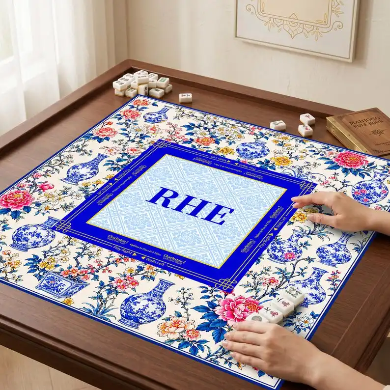 VIKAMA Custom Initial Blue White Vase Floral Mahjong Mat Non Slip Washable Soft Pad For US Mahjong Lovers Game