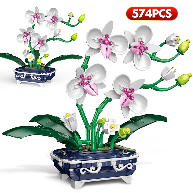 574PCS Mini Orchid Potted Plants Simulation Flower Building Blocks Friends Orchid Bricks House Decoration Toys For Kids Gifts