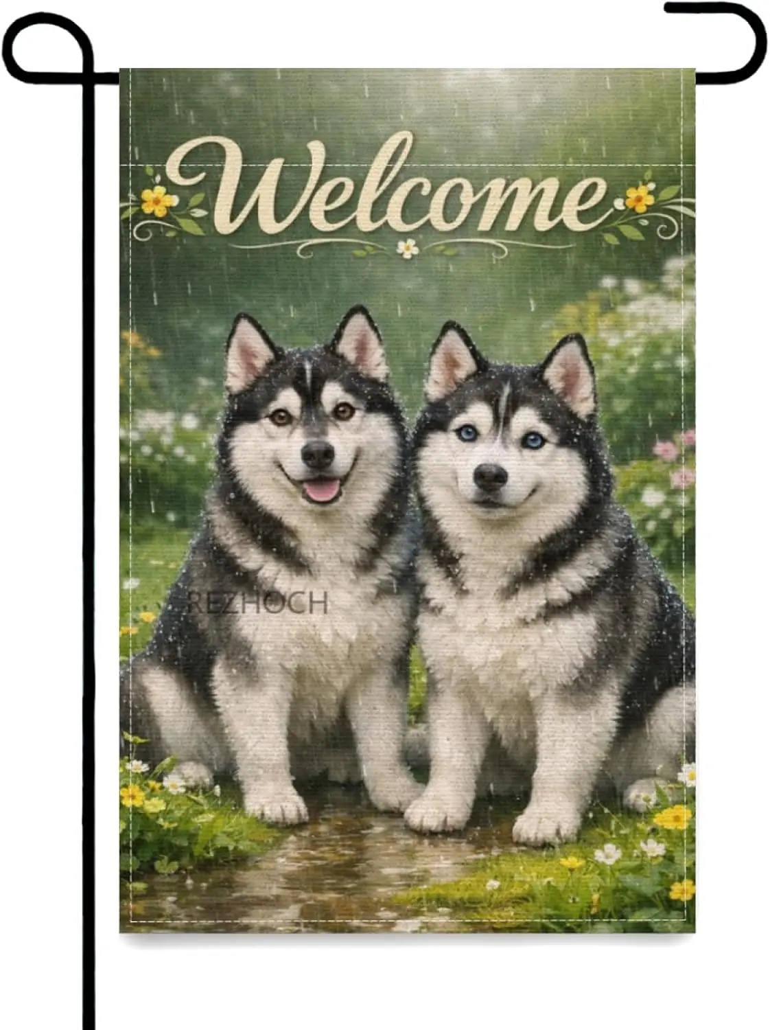 Rainy Welcome Garden Flag 12x18Inch,Fun Husky Dog Waterproof Double Sided Outdoor Yard Decor,Cute Animals in Rain Floral Spr AAS