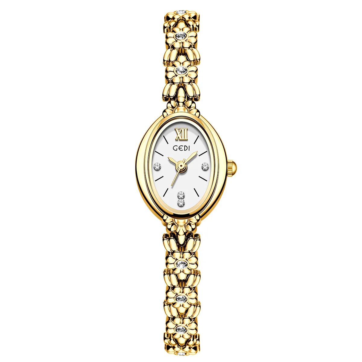 Retro Oval Small Dial Inlaid with Diamonds, Exquisite Japanese Style Women's Watch Gold Steel Strip, Waterproof Quartz Clock