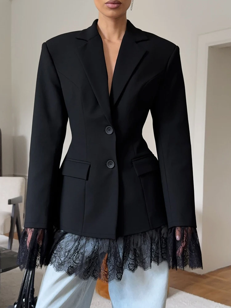Fantoye Patchwork Lace Notched Collar Women Blazers Black Long Sleeve Single Breasted Blazers Winter Slim Elegant Party Clubwear