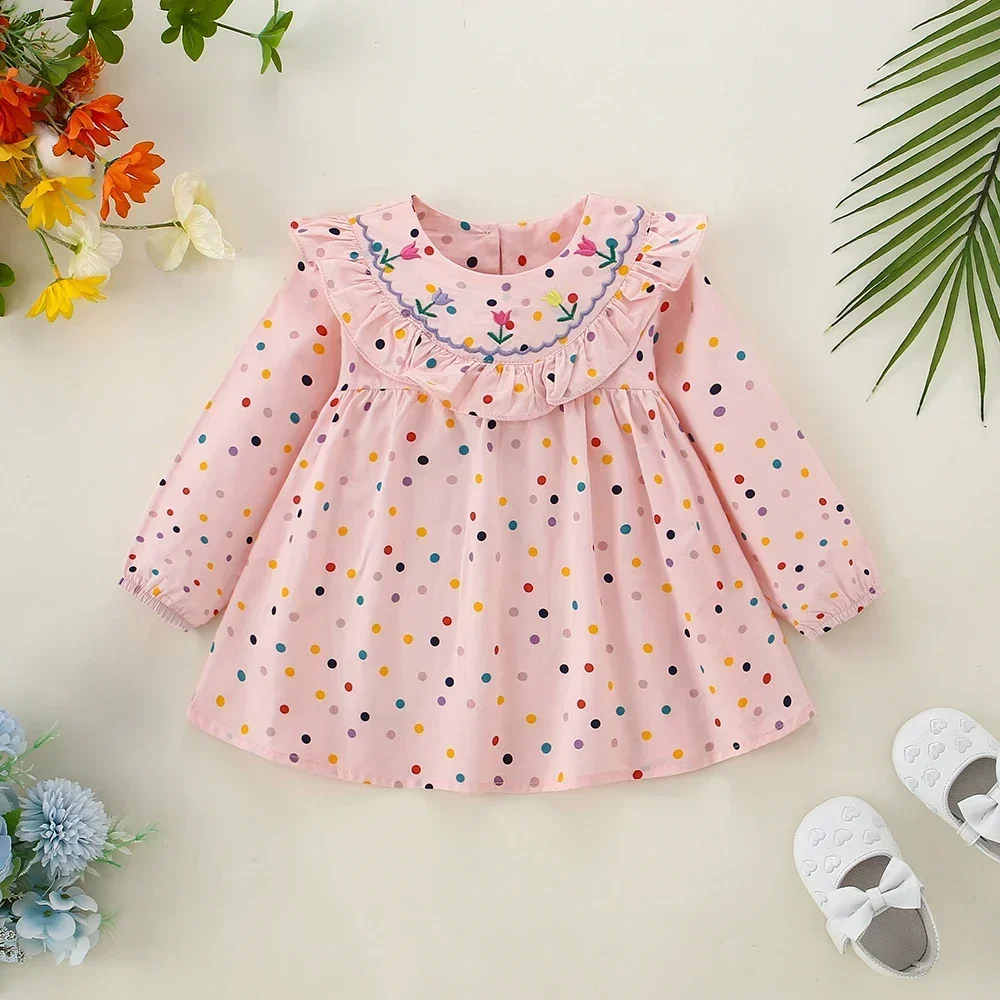 Autumn/Winter New Girls\' Dress Lapel Lace Ruffle Embroidery Tulip Color Polka Dot Sweet Princess Dress (0-3 Years Old Girls)