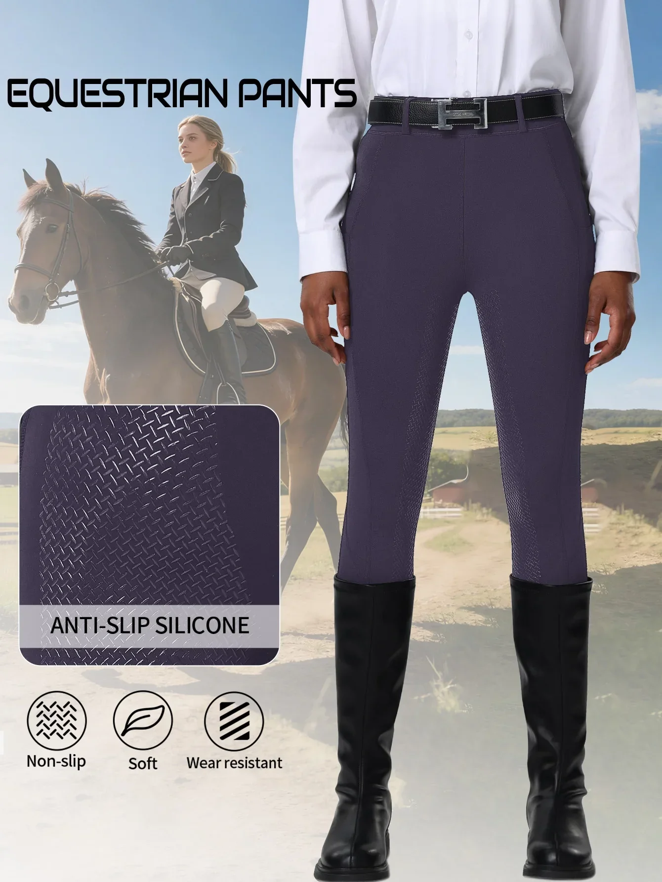 Women High Waist Butt Lifting Equestrian Breeches, Full Seat Silicone Anti-slip Wear-resistant Horse Riding Pants with Pockets