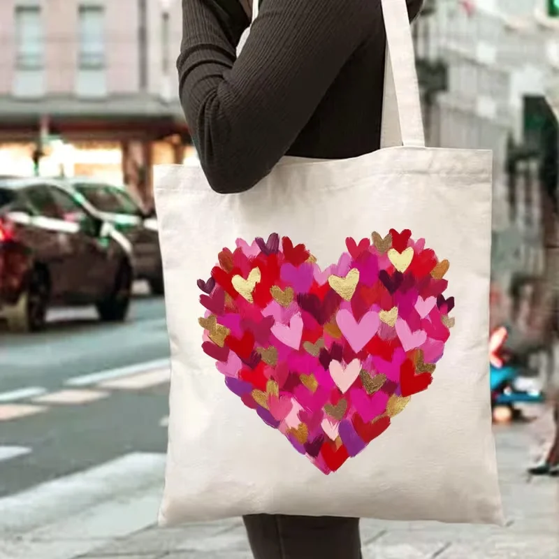 

Женская большая вместительная сумка с красочным принтом в виде сердца, сумка для покупок, плечевой ремень, вместительная повседневная сумка для продуктов,