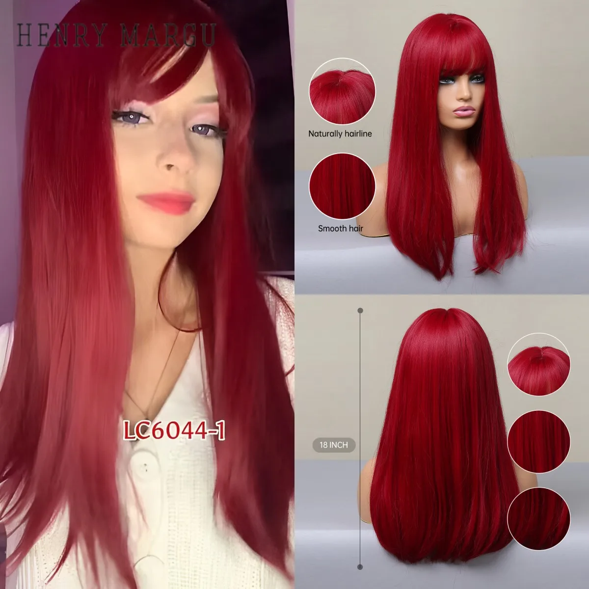 HENRY MARGU Long Straight Red Synthetic Wigs Christmas Hair With Bangs Natural Wigs for Women Cosplay Party Heat Resistant Wigs