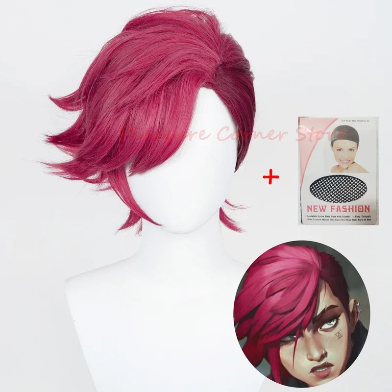 SN55Game LOL Arcane Vi Cosplay Wig VI Deep Rose 30cm Short Heat Resistant Synthetic Role Play Wigs$5Q@1